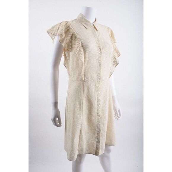 Theory Womens Nova Eyelet Ruffle Sleeve Shirtdress Mini Dress Ecru Sz 8 NWT - Picture 2 of 6